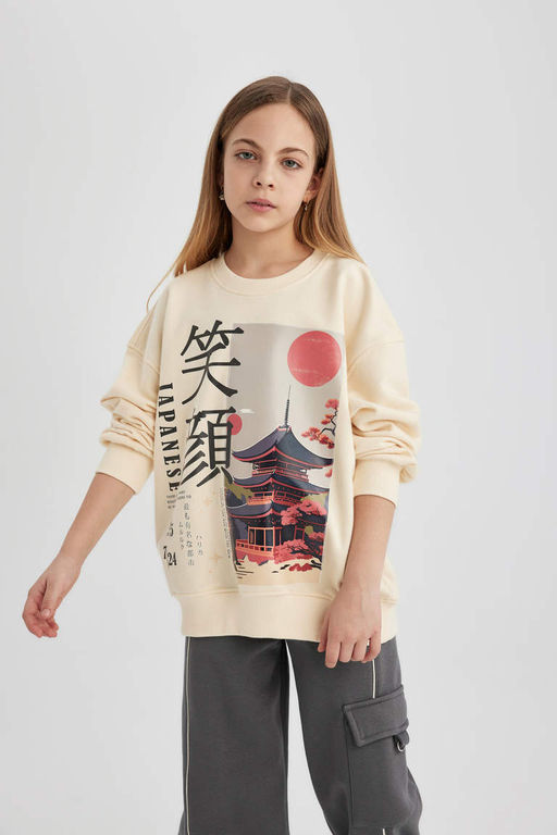 Толстовка оверсайз с круглым вырезом для девочек с принтом - Defacto фото 5