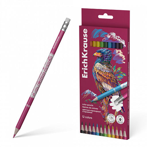 Цена за 12 шт. Цветные карандаши деревянные ErichKrause Safari круглые стираемые с ластиком, грифель 3,3 мм, 12 цветов (в коробке с европодвесом 12 шт)