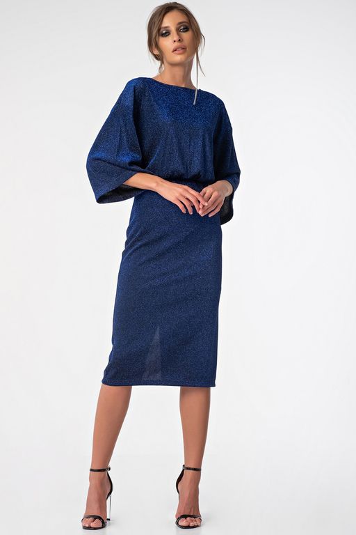 Платье из фактурного блестящего трикотажа синее новый год