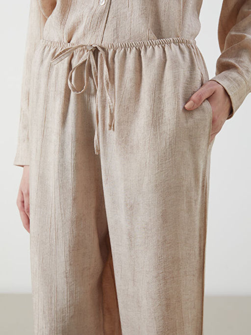 Beli Lastikli Keten G?r?n?ml? Kad?n Pantolon