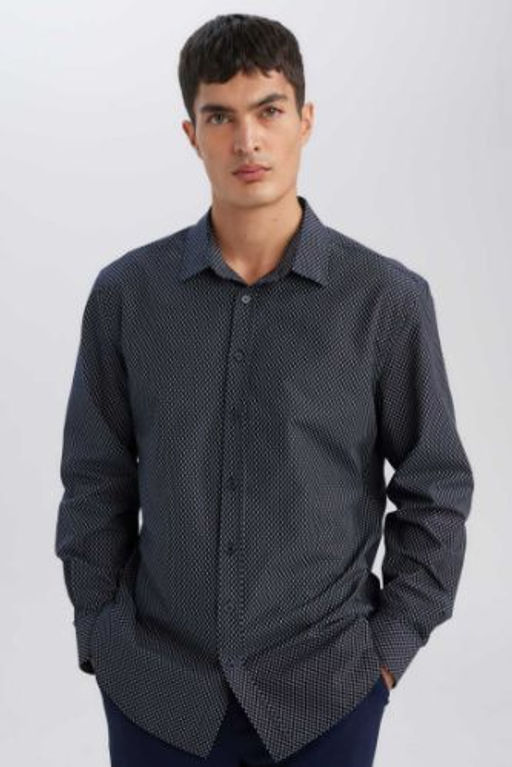 Modern Fit Poplin Desenli Pamuk Kar?s?ml? Uzun Kollu Gomlek