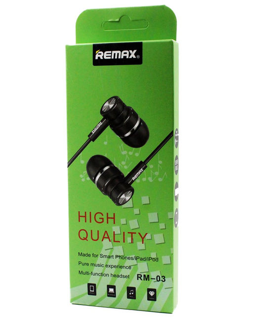 Наушники (RM-03) "Remax" с микрофоном, черные, в коробке
