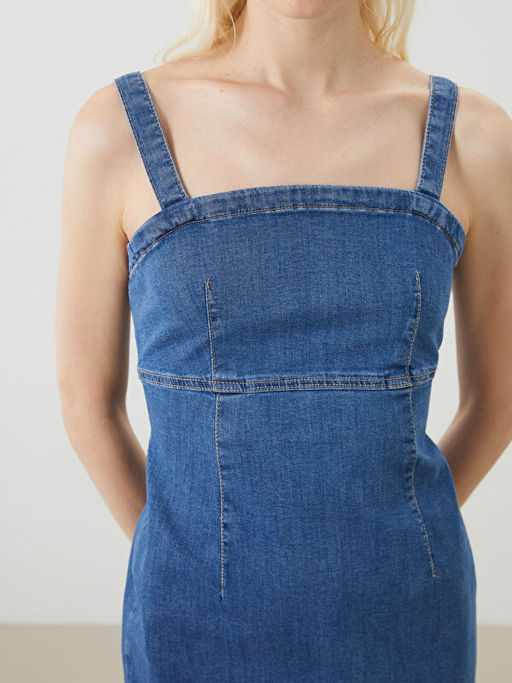 Kare Yaka Ask?l? Mini Jean Elbise
