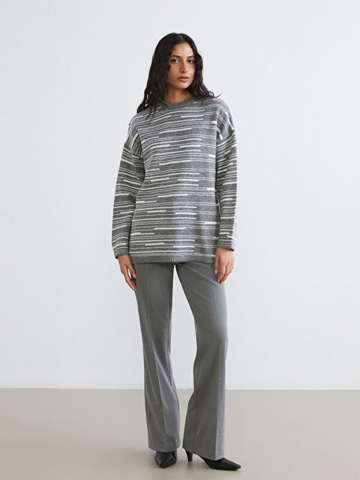 Bisiklet Yaka ?izgili Oversize Kad?n Triko Kazak