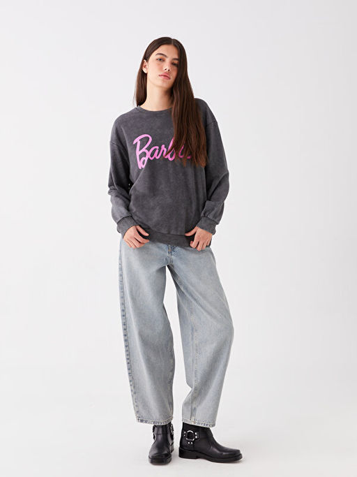 Bisiklet Yaka Barbie Bask?l? Uzun Kollu Oversize Kad?n Sweatshirt