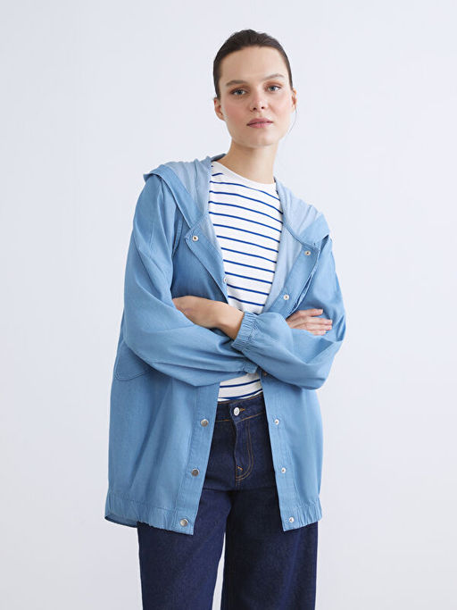 Kap??onlu Oversize Kad?n Jean Ceket