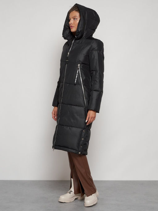 Пальто утепленное с капюшоном зимнее женское черного цвета 13816Ch - Visdeer фото 7