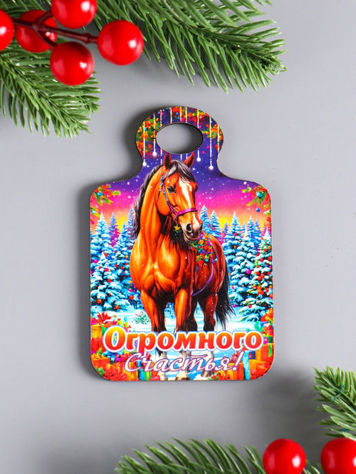 Набор магнитов на холодильник 4 шт. Доска разделочная с конём: Огромного счастья, всё сбудется, ярких впечатлений