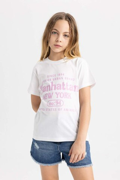 K?z Cocuk Bisiklet Yaka Bask?l? K?sa Kollu Tisort - Defacto фото 4