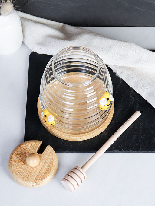 Банка для меда с ложкой на подставке бамбуковая крышка Пчелка / 9664 /уп 100/ - Галеонтрейд фото 5