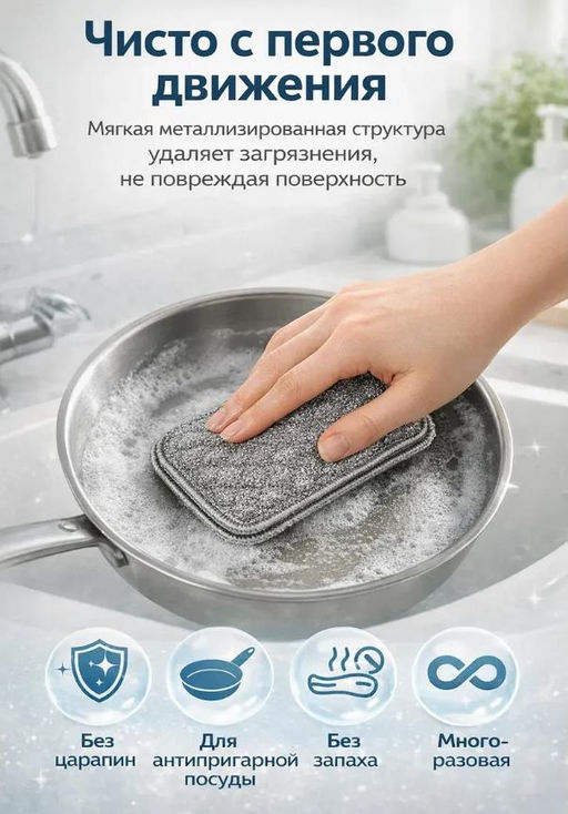Металлизированная двусторонняя мочалка для мытья посуды 2шт