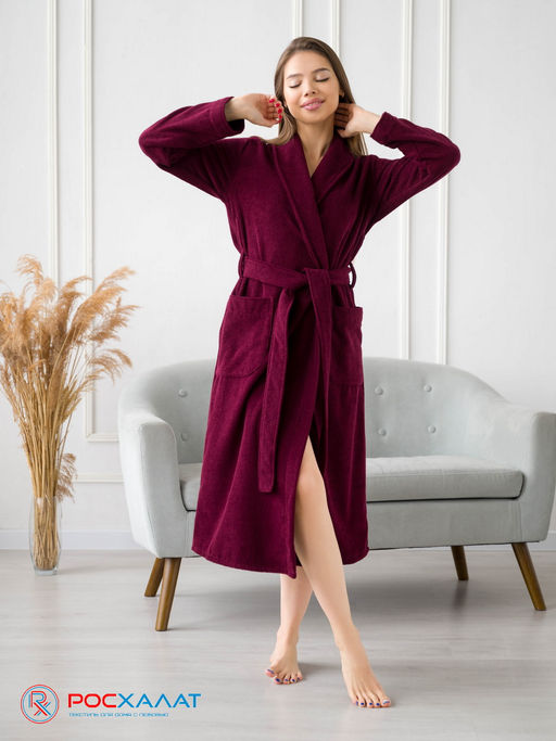 Женский махровый халат с шалькой темно-бордовый МЗ-02 (122) - Росхалат фото 4