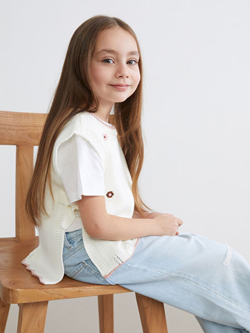 Bisiklet Yaka ?i?ekli K?z ?ocuk Triko S?veter