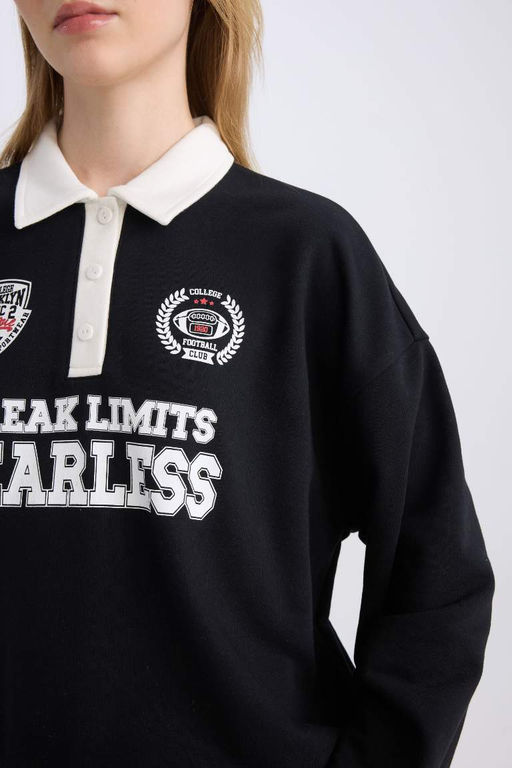 Женская черная классная толстовка большого размера с широким кроем и воротником-поло с застежкой на пуговицы и принтом - Defacto фото 8