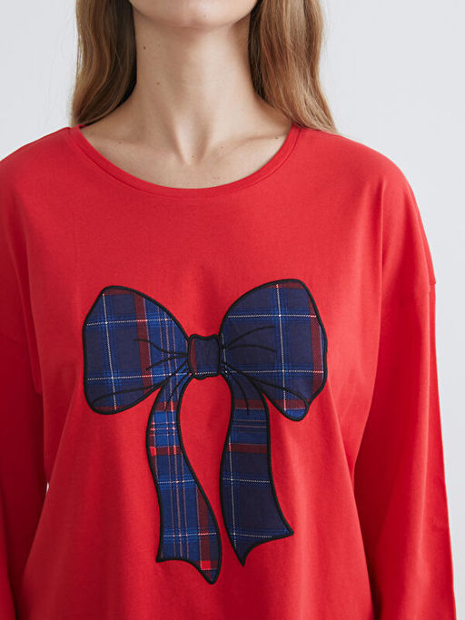 Bisiklet Yaka Fiyonk Bask?l? Kad?n Pijama Tak?m?