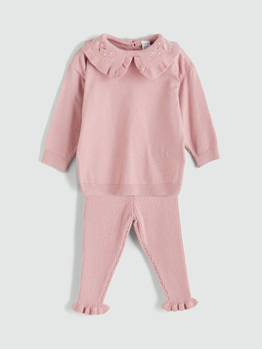 Bebe Yaka K?z Bebek Triko Sweatshirt ve Tayt 2li