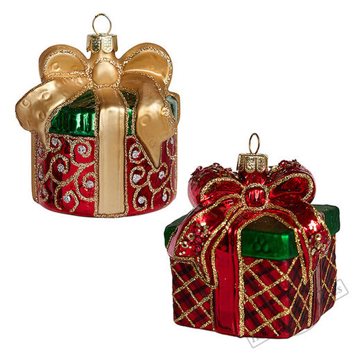 Новогодний подарок красно-золотой, асс. из 2-х (стекло) 7х7х7,5 см