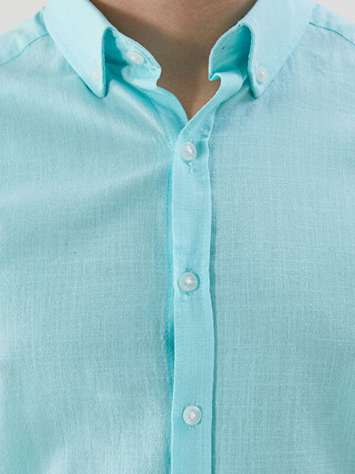 Slim Fit K?sa Kollu Keten Kar???ml? Erkek G?mlek