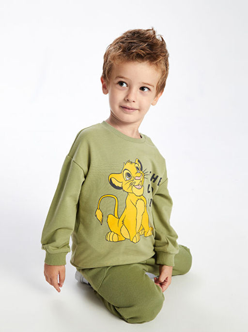 Bisiklet Yaka Uzun Kollu Aslan Kral Bask?l? Erkek Bebek Sweatshirt ve E?ofman Alt 2li Tak?m