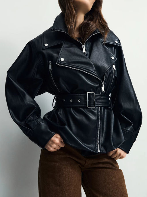 Куртка-косуха с ремнем на поясе из искусственной кожи / Zarina  фото 2