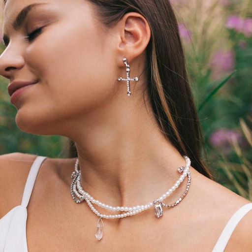 Серьги со стразами Крестики вставки, цвет белый в серебре - Queen fair фото 2