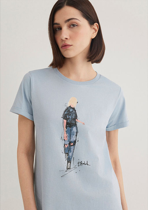 Denim K?z Bask?l? Mavi Istanbul Tisort  фото 2