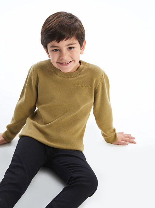 Bisiklet Yaka Bask?l? Erkek ?ocuk Triko Kazak