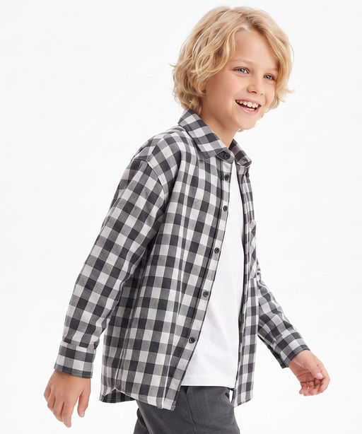 Рубашка для мальчика в клетку 33-82211 серая клетка - Mini maxi фото 3