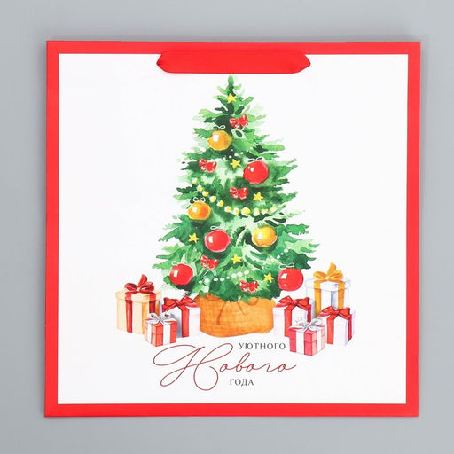 Цена за 2 шт. Пакет подарочный новогодний ламинированный квадратный Happiness, 30×30×12 см