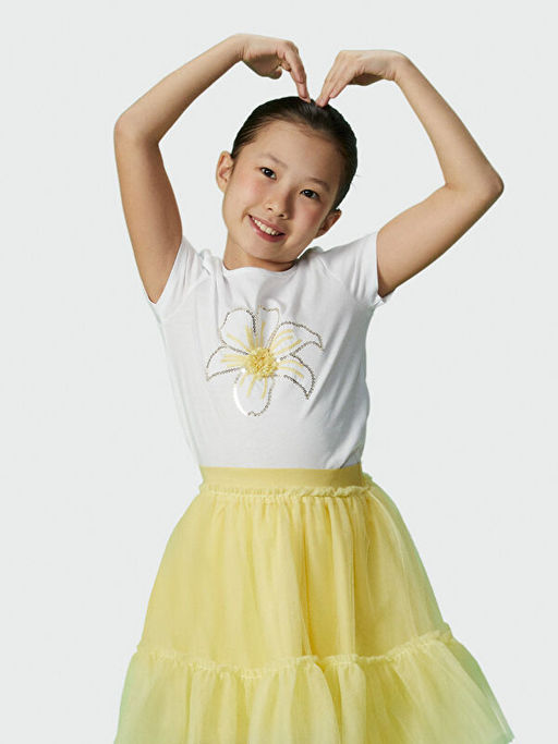 Bisiklet Yaka ?i?ekli K?z ?ocuk Ti??rt