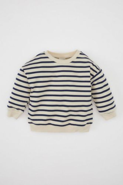 Erkek Bebek Bisiklet Yaka Cizgili Ici Yumusak Tuylu Ince Sweatshirt