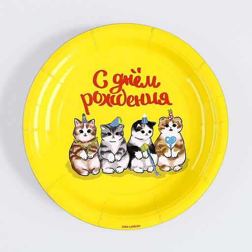 Цена за 10 шт. Тарелка бумажная С днём рождения, котики, 18 см - Страна карнавалия фото 6