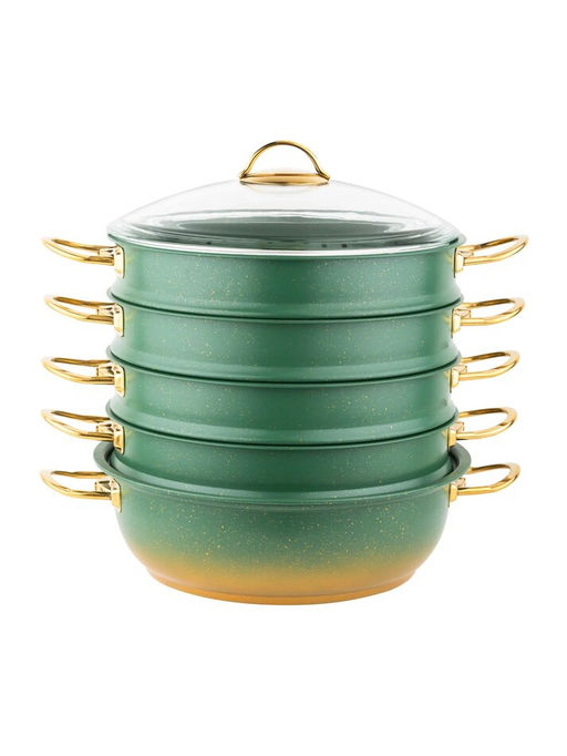 Мантоварка с крышкой стеклянной 28х10 см (5,8 л) с АПП, цвет: оливковый/золотой, арт. 4000-OLV/GD-28