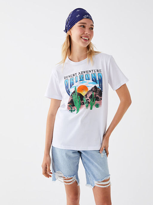 Bisiklet Yaka Bask?l? K?sa Kollu Kad?n Ti??rt