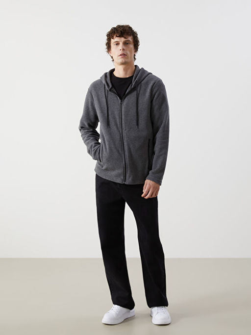 Kap??onlu Uzun Kollu Polar Erkek Fermuarl? Sweatshirt
