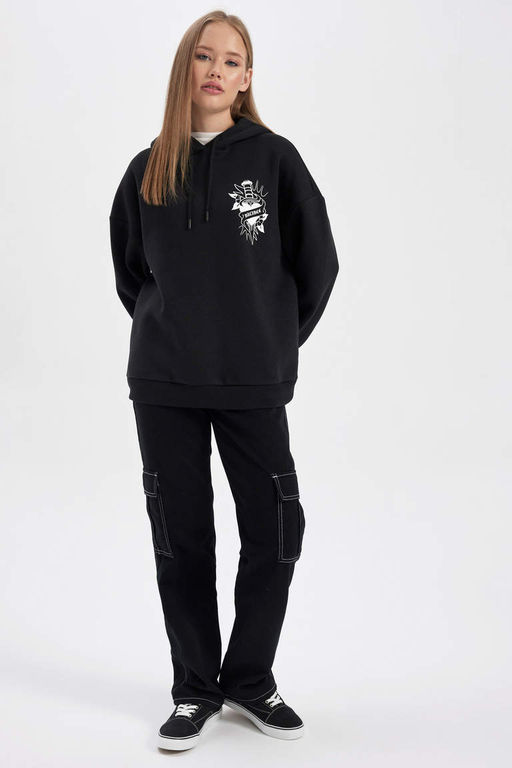 Толстая толстая толстовка с капюшоном и принтом на спине Cool Oversize - Defacto фото 2