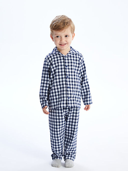 G?mlek Yaka Uzun Kollu Ekose Erkek Bebek Pijama Tak?m?