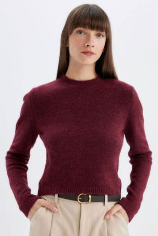 Regular Fit Bisiklet Yaka Premium Basic Duz Crop Triko Kazak