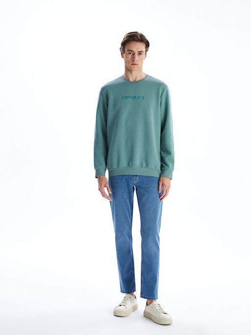 Bisiklet Yaka Uzun Kollu Bask?l? Erkek Sweatshirt