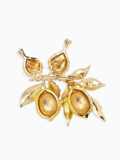 Брошь "Воробьи на ветке лимона", цветная в золоте