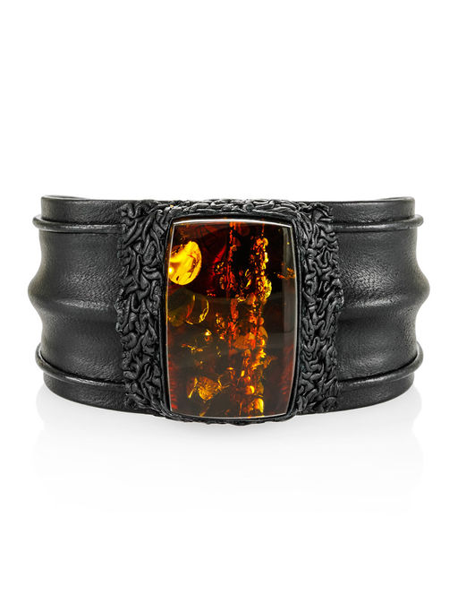 Роскошный браслет Нефертити из чёрной кожи и натурального янтаря