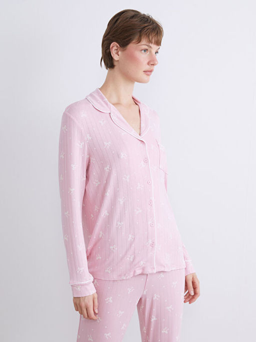 G?mlek Yaka Desenli Kad?n Pijama Tak?m?