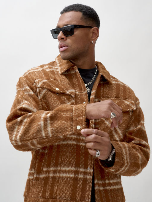 Куртка рубашка шерстяная в клетку мужская демисезонная горчичного цвета 58596G