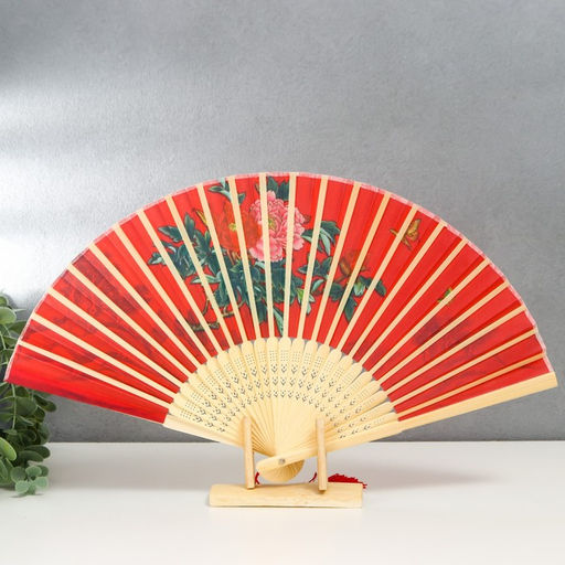 Веер складной h=23 см Веточка с розами, красный, с кисточкой