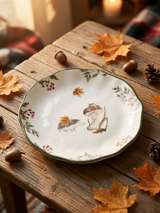 Тарелка закусочная, 23 см, керамика D, белая, Еж у гриба, Autumn forest