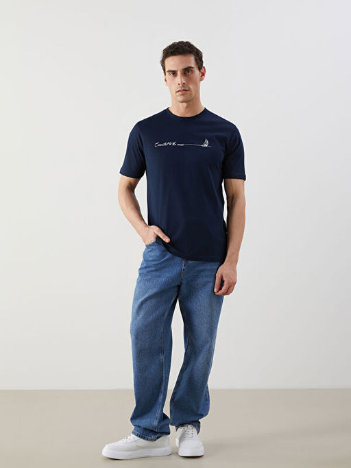 Bisiklet Yaka Bask?l? Penye Erkek Ti??rt