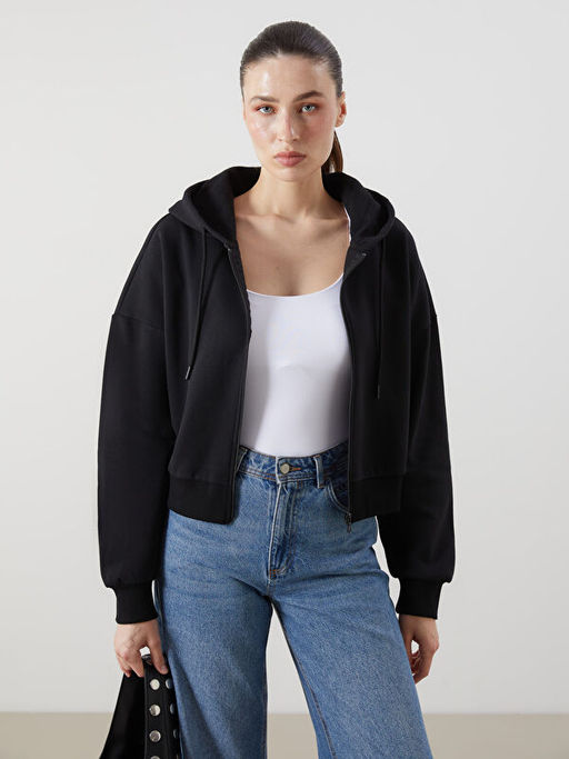 Kap??onlu Oversize Kad?n Kal?n Fermuarl? Sweatshirt