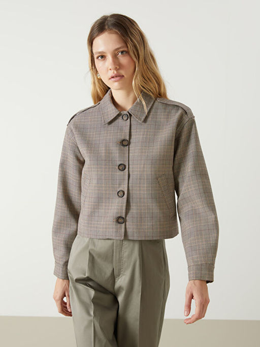 G?mlek Yaka Ekose Kad?n Ceket