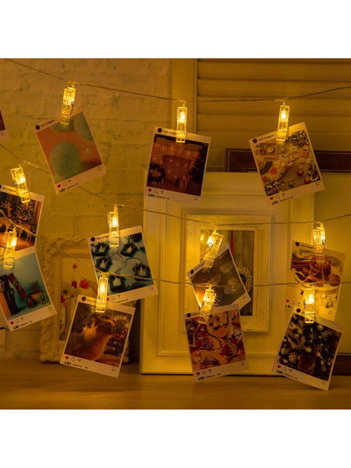 Гирлянда «Нить» 5 м с насадками «Прищепки», IP20, прозрачная нить, 30 LED, свечение тёплое белое, 8 режимов, 220 В