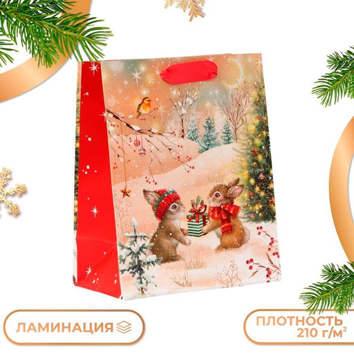 Цена за 2 шт. Пакет подарочный новогодний Зайки, 18?22.3?10 см